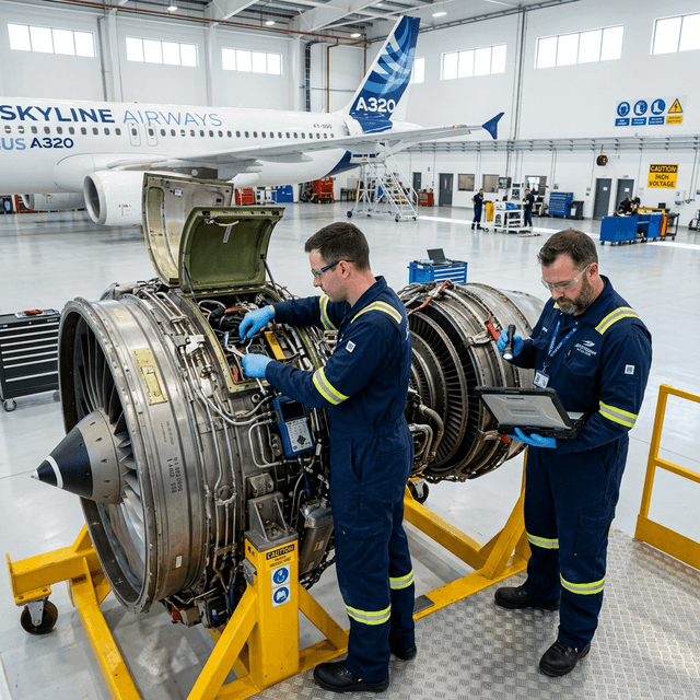 Aircraft maintenance engineers at work